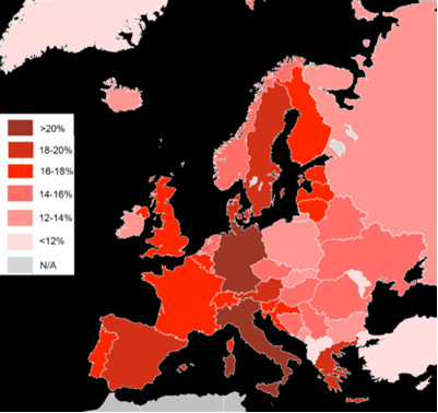 Ποσοστό του πληθυσμού άνω των 65 ετών στην Ευρώπη (2010) Credit. Blank_map_europe.svg: PNG author: San Jose, 